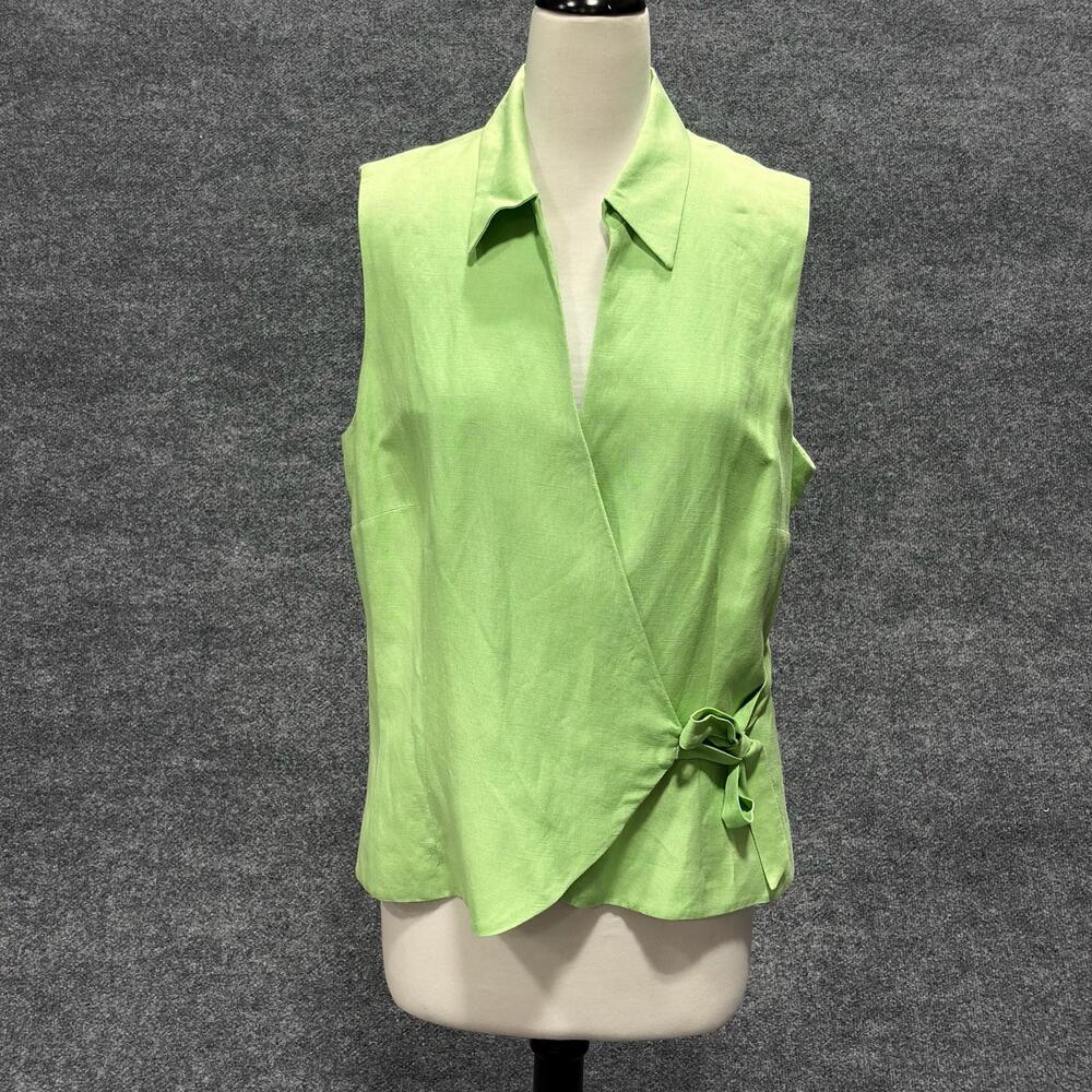 Studio I Blouse Womens 16 Green Linen Blend Wrap Tie Waist Sleeveless Top